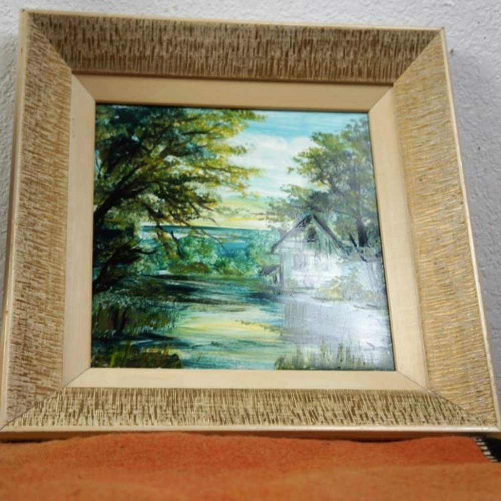 MCM Delft Hand Painted Tile w/ Orig Frame